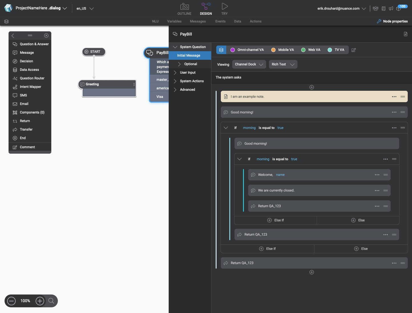 The same QA node with the channel dock expanded, showing omni-channel, mobile, web, and TV virtual assistant targets above the nested condition stack.