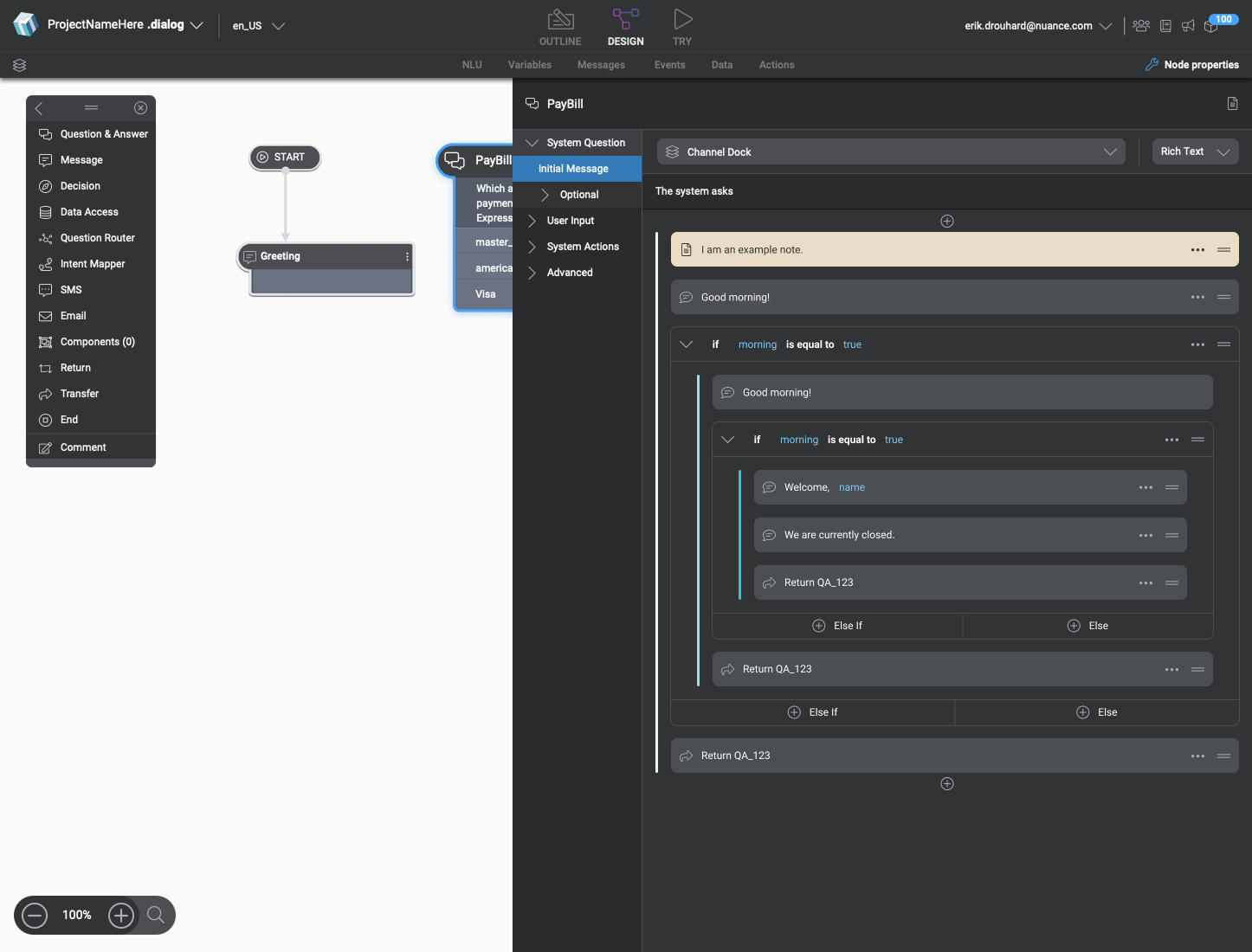 Mix.dialog QA node with the condition stack open: nested if branches on a morning variable, message and return actions inside each level, and Else If and Else controls on every block.