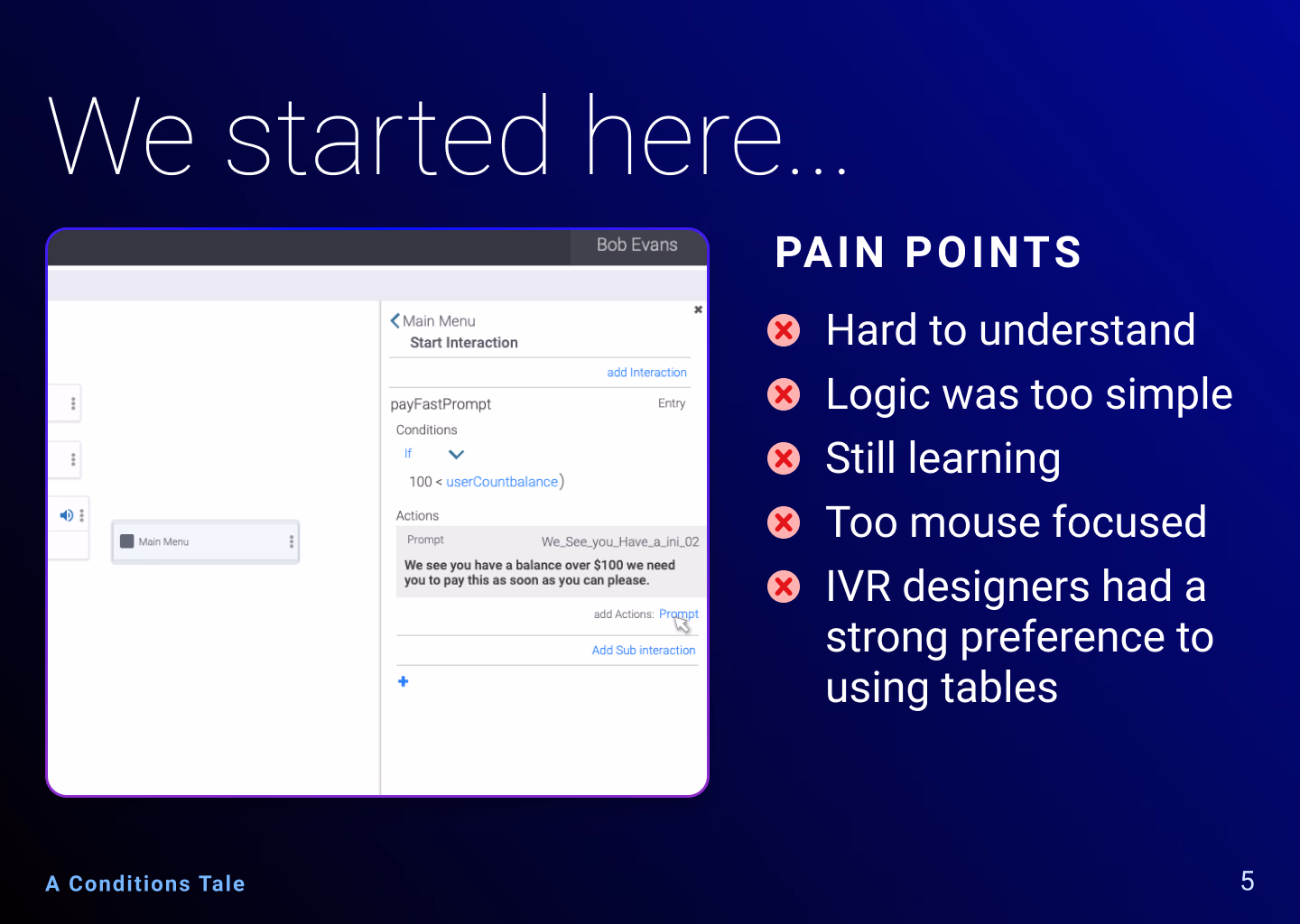 Condition stack design exploration, slide 6 of 14.