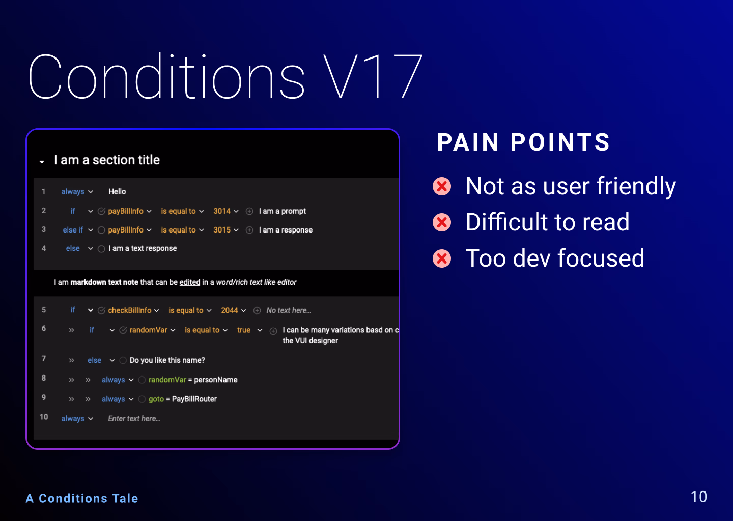 Condition stack design exploration, slide 11 of 14.