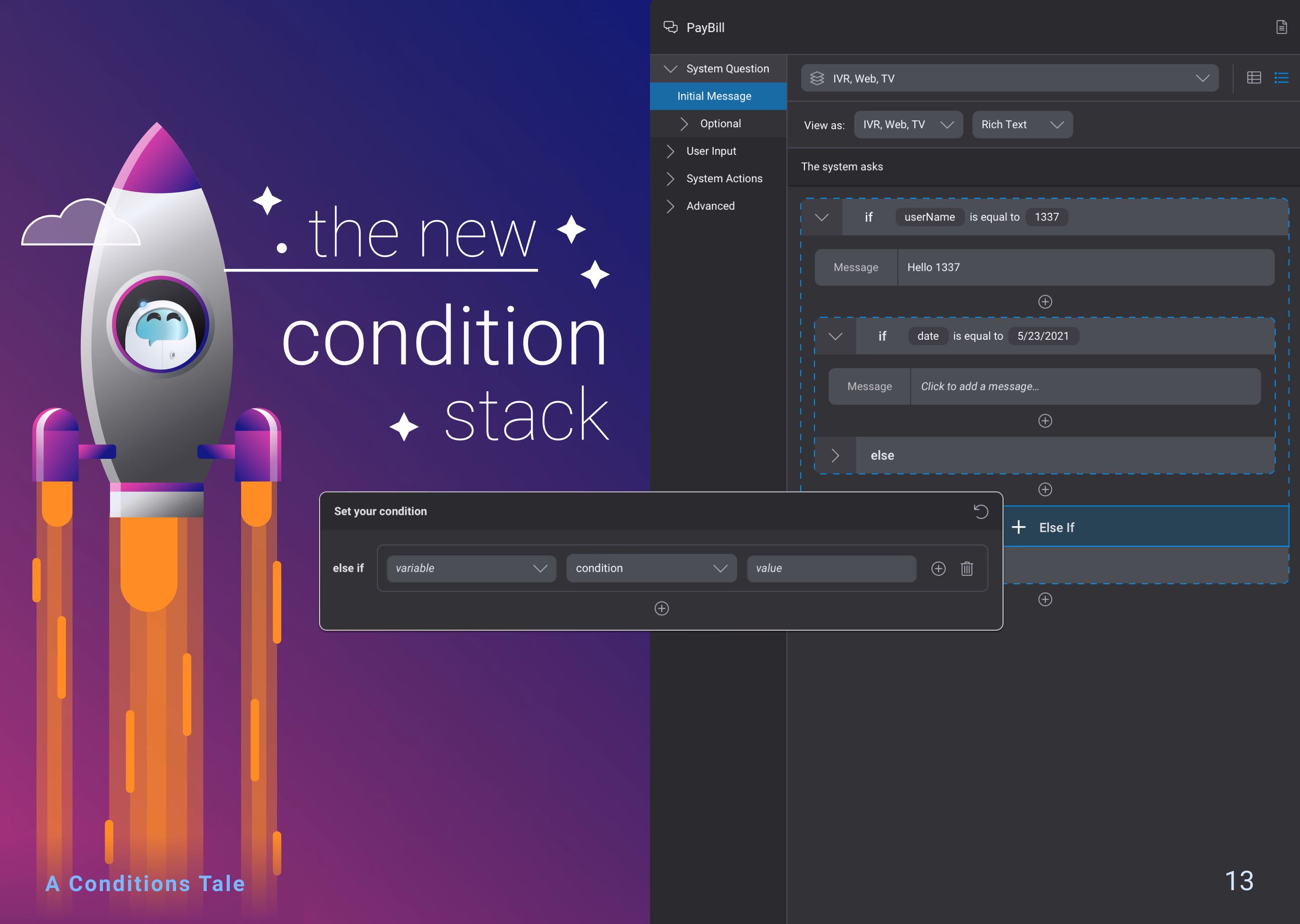 Condition stack design exploration, slide 14 of 14.