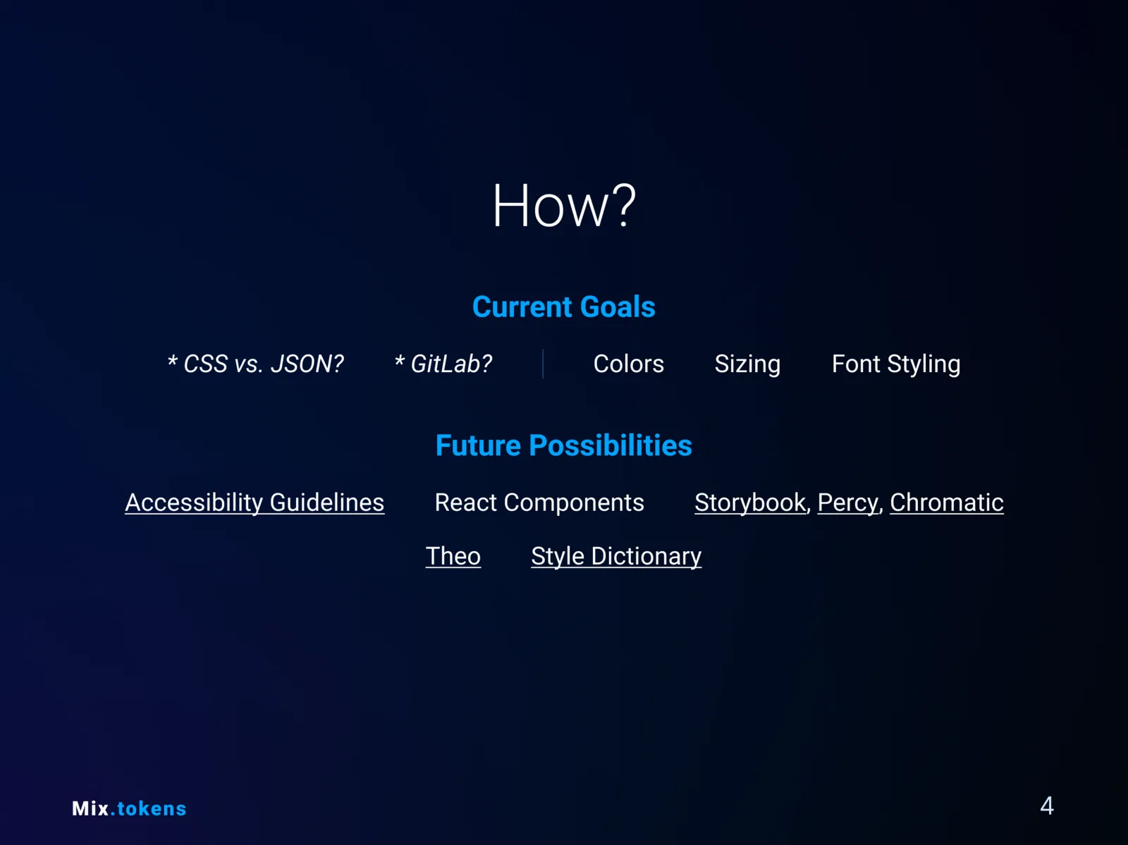 Slide outlining initial token goals and future possibilities including React components and Storybook.