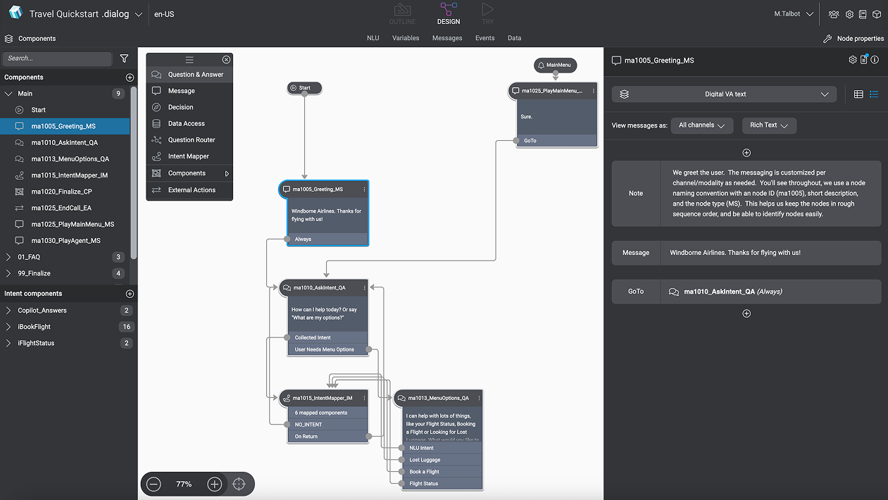 Mix.dialog authoring a travel booking project: a component tree on the left, a flow canvas of connected greeting, intent, and menu nodes in the centre, and node properties for the selected message on the right.
