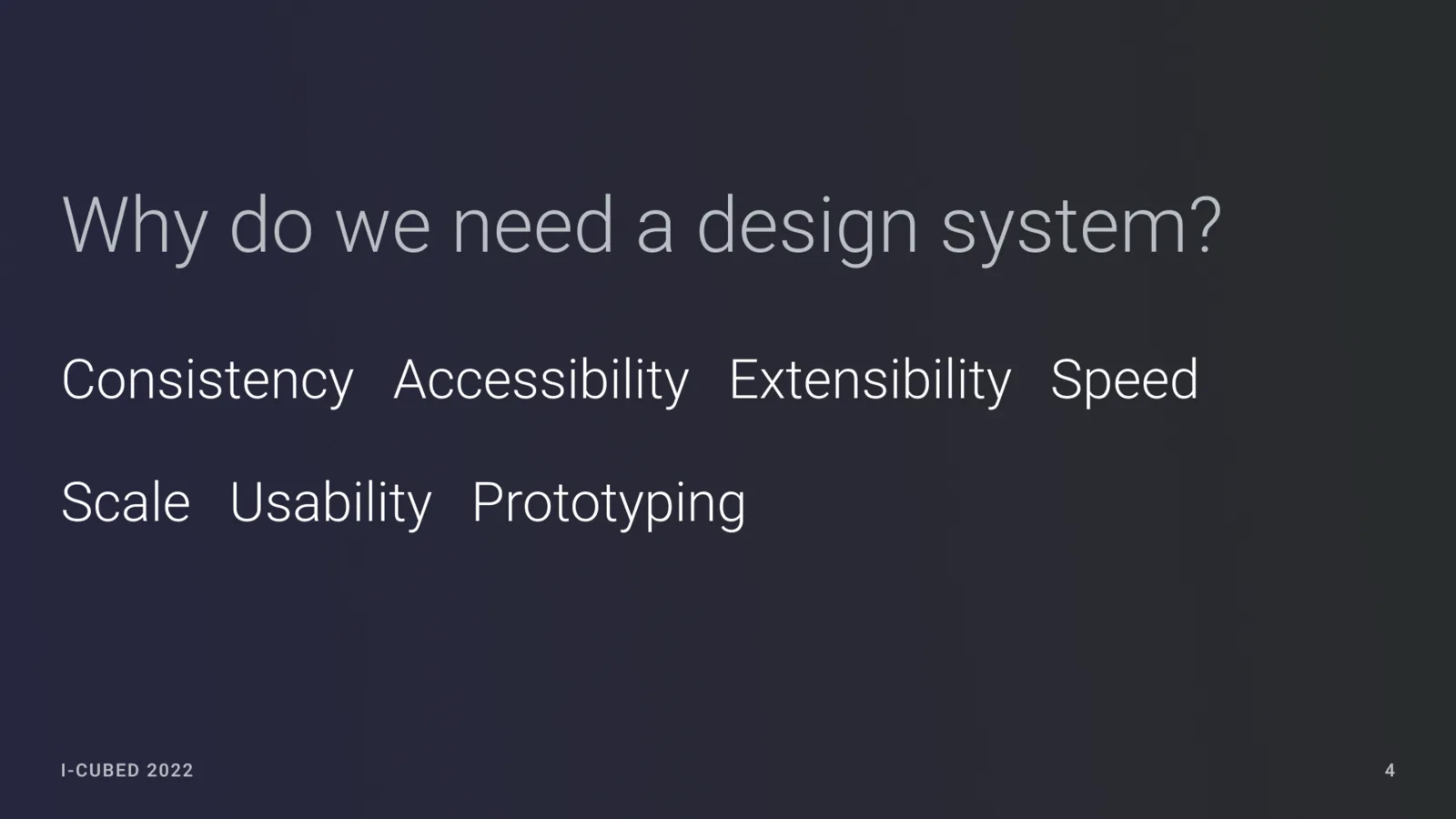 Slide asking why a design system was needed and listing consistency, accessibility, extensibility, speed, scale, usability, and prototyping.